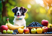 Chien type border avec fruits et légumes