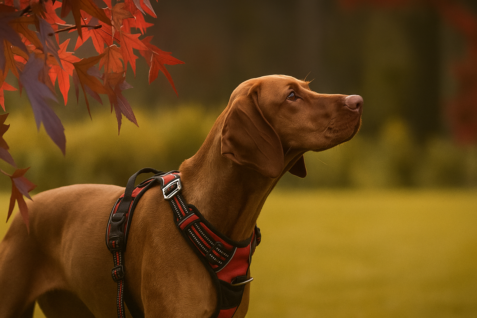 Chien marron et harnais rouge