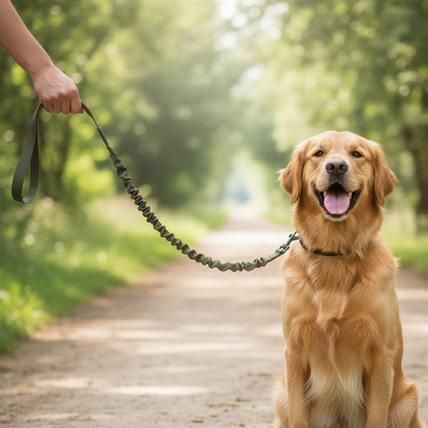Laisse anti traction vert kaki avec golden retriever
